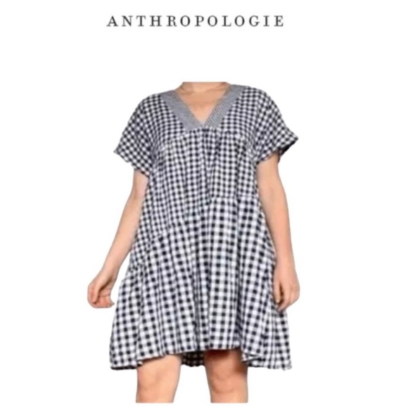11.1 Tylho Anthropologie V-Neck Gingham Swing Dress NWT - Picture 1 of 5